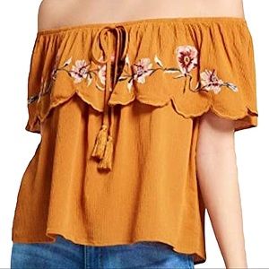 Xhileration size Xxl orange off the shoulder floral top with tassels & ruffles